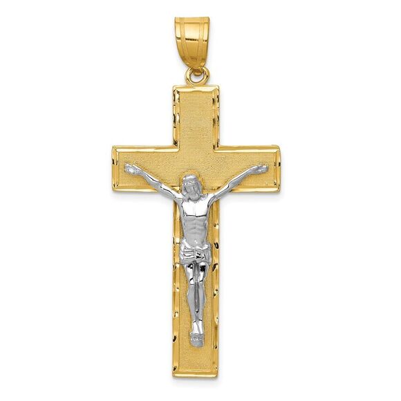 14k Two Tone Gold Diamond-cut Crucifix Cross Pendant 23 x 50mm